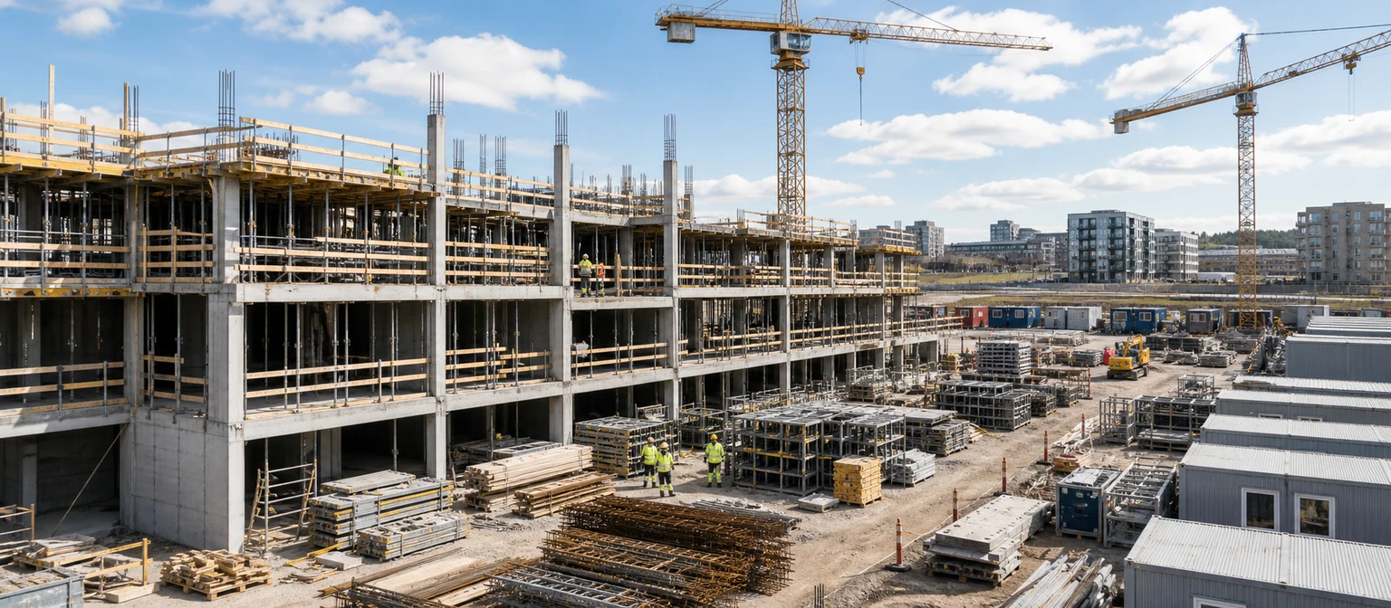 Dronefoto af en stor byggeplads med kraner og arbejdere