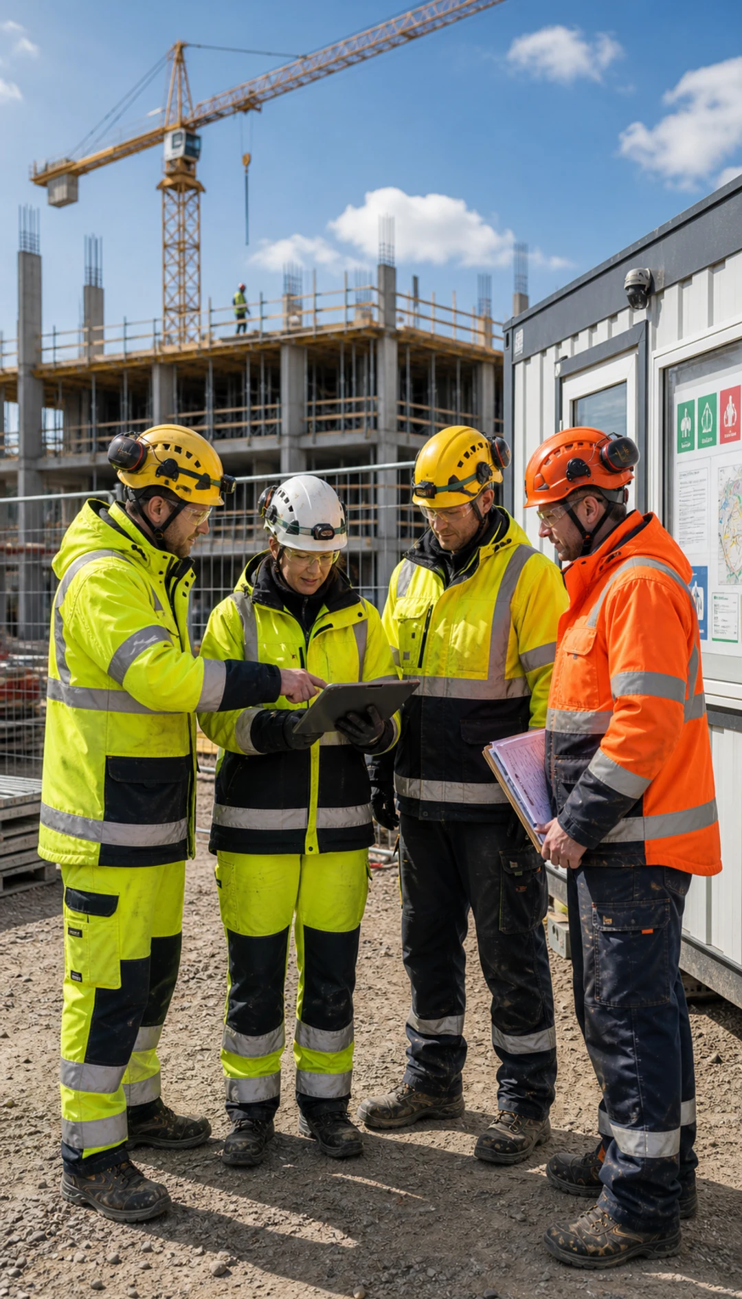 Projektteam gennemgår byggetegninger på en aktiv byggeplads