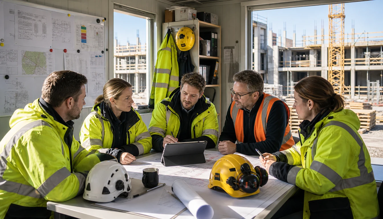 Tre byggefolk gennemgår store tegninger på byggepladsen - bygherre, rådgiver og entreprenør